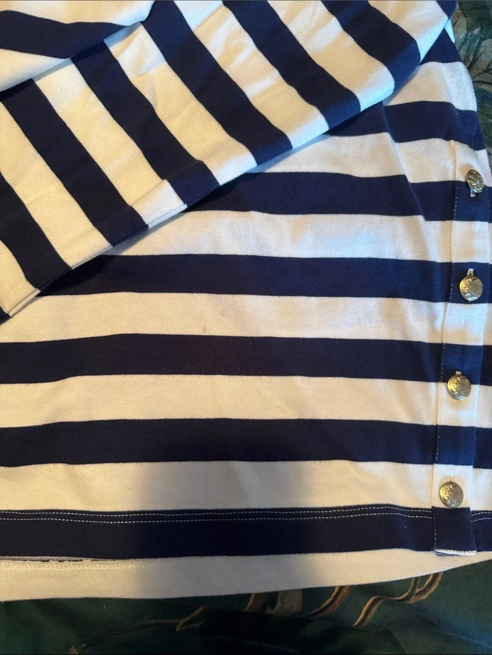 J. Crew Navy and White Striped Long-Sleeve Crew Top with Side Buttons